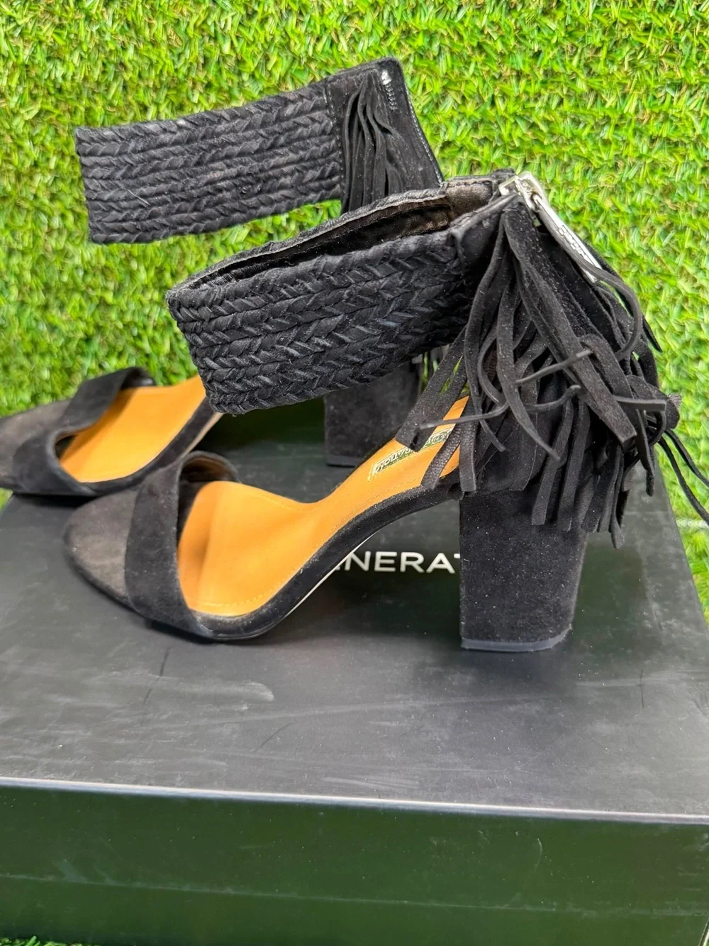BCBGeneration Calizi Black Faux Suede Fringe Braided Ankle Strap Block Heels 6M